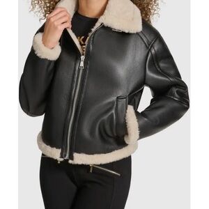 Karl Lagerfeld Black faux Leather Jacket with Cream Accents